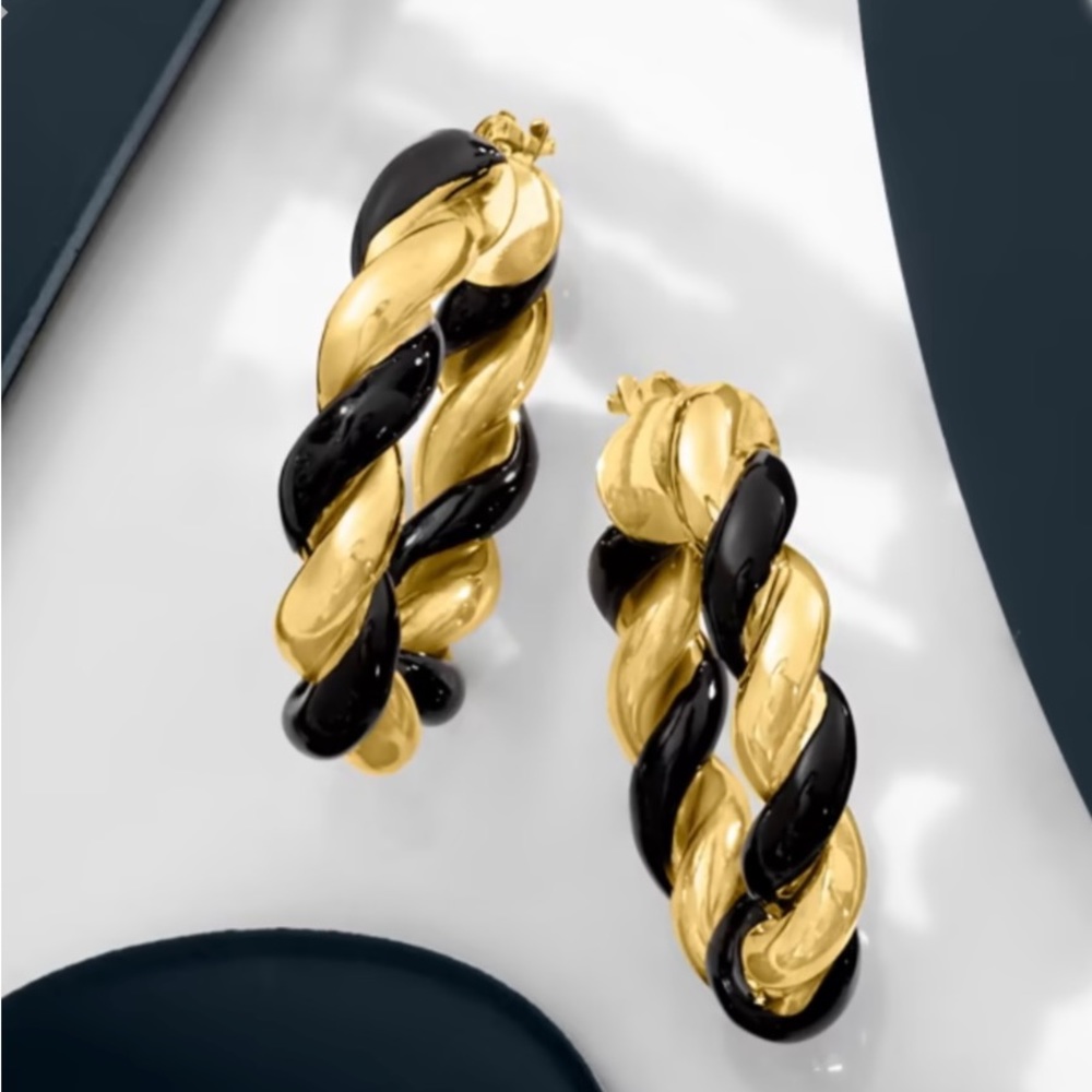 18K Gold over Sterling Italian Black Enamel Twisted Hoops